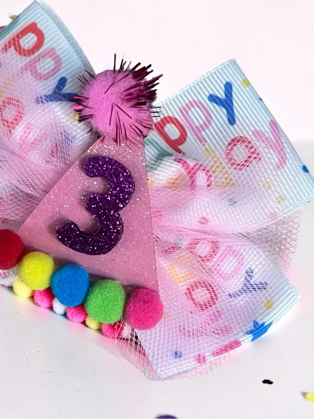 Boutique 3rd Birthday Pink Tulle Glitter Party Hat Hair Bow Clip